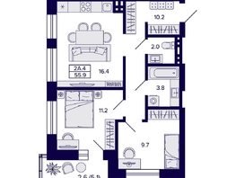 Продается 2-комнатная квартира ЖК Сподвижники, 55.9 м², 8000000 рублей