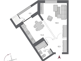 Продается 1-комнатная квартира ЖК Беринг, дом 2, 46.7  м², 9200000 рублей