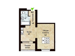 Продается 1-комнатная квартира ЖК Новый горизонт, дом 4, 34 м², 4500000 рублей