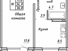 Продается 1-комнатная квартира ЖК Квартет, дом Дуэт, 36.8 м², 4050000 рублей