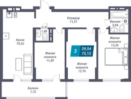Продается 3-комнатная квартира ЖК Звезда, дом 1, 75.12 м², 12545040 рублей