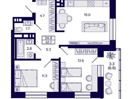 Продается 2-комнатная квартира ЖК Сподвижники, 61.7 м², 7550000 рублей