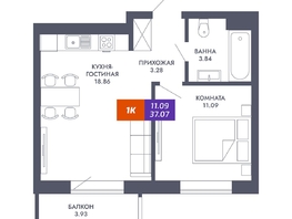 Продается 1-комнатная квартира ЖК Звезда, дом 2, 37.07  м², 7414000 рублей