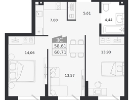 Продается 3-комнатная квартира ЖК Ясный берег, дом 20, 60.71  м&sup2;, 10206000 рублей