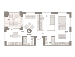 Продается 2-комнатная квартира ЖК Пшеница, дом 2.2, 83.1  м&sup2;, 10120000 рублей