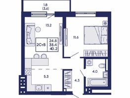 Продается 2-комнатная квартира ЖК Горизонт, дом 2, 40.2  м&sup2;, 6700000 рублей