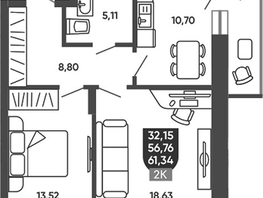 Продается 2-комнатная квартира ЖК Ермак, 57.68  м&sup2;, 7220000 рублей