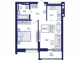 Продается 2-комнатная квартира ЖК Горизонт, дом 2, 40.1  м&sup2;, 7600000 рублей