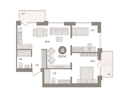 Продается 2-комнатная квартира ЖК Пшеница, дом 2.2, 73.29  м&sup2;, 10450000 рублей