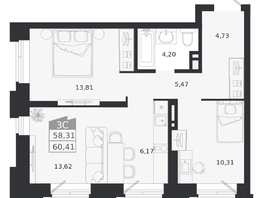Продается 3-комнатная квартира ЖК Ясный берег, дом 20, 60.41  м&sup2;, 10322000 рублей