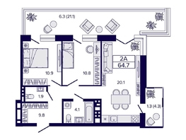 Продается 2-комнатная квартира ЖК Луна, 64.7  м&sup2;, 8990000 рублей