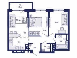Продается 3-комнатная квартира ЖК Горизонт, дом 2, 50.3  м&sup2;, 9400000 рублей
