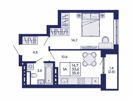 Продается 1-комнатная квартира ЖК Горизонт, дом 2, 35  м&sup2;, 6000000 рублей