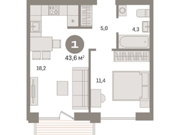 Продается 1-комнатная квартира ЖК Пшеница, дом 2.2, 43.61  м&sup2;, 6430000 рублей