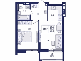 Продается 2-комнатная квартира ЖК Горизонт, дом 2, 40.1  м&sup2;, 7950000 рублей