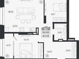 Продается 3-комнатная квартира ЖК Квартал 54, дом 1, 62.92  м&sup2;, 10273000 рублей