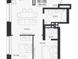 Продается 3-комнатная квартира ЖК Квартал 54, дом 1, 54.43  м&sup2;, 9771000 рублей