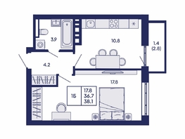 Продается 1-комнатная квартира ЖК Горизонт, дом 2, 38.1  м&sup2;, 6550000 рублей