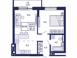 Продается 2-комнатная квартира ЖК Горизонт, дом 2, 40.2  м&sup2;, 7400000 рублей