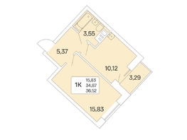 1-комнатная квартира, 36.52 м², 14/22 этаж