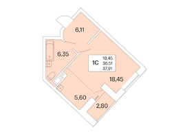 Студия, 37.91 м², 14/22 этаж