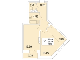 2-комнатная квартира, 51.9 м², 13/22 этаж
