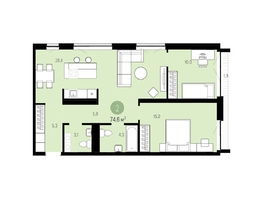 2-комнатная квартира, 74.68 м², 7/10 этаж