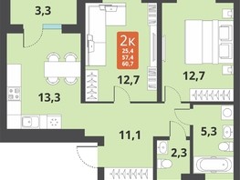 Продается 2-комнатная квартира ЖК Тайгинский парк, дом 3, 57.4  м², 7370000 рублей