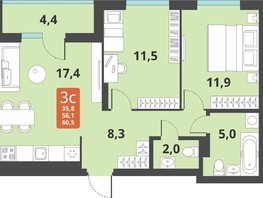 Продается 3-комнатная квартира ЖК Тайгинский парк, дом 3, 56.1  м², 7190000 рублей