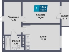 Продается 1-комнатная квартира ЖК Менделеев, 45.51  м², 7736700 рублей