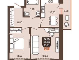 Продается 2-комнатная квартира ЖК Ермак, 61.51  м², 6700000 рублей