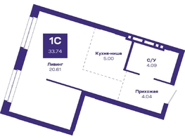 Продается 1-комнатная квартира ЖК Базилик, дом 2, 33.74  м², 5009480 рублей