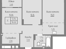 Продается 3-комнатная квартира ЖК Базилик, дом 2, 53.14  м², 7121000 рублей