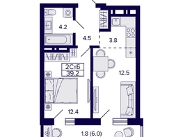 Продается 2-комнатная квартира ЖК Grando (Грандо), 39.2  м², 7850000 рублей