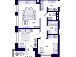 Продается 2-комнатная квартира ЖК Сподвижники, 55.9  м², 7200000 рублей