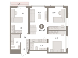 Продается 3-комнатная квартира ЖК Авиатор, дом 3, 77.51  м², 12610000 рублей