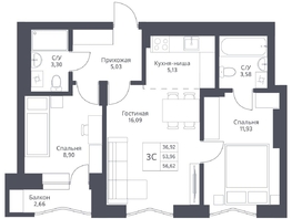 Продается 3-комнатная квартира ЖК Актив, 56.62  м², 9050000 рублей