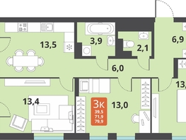 Продается 3-комнатная квартира ЖК Тайгинский парк, дом 3, 79.9  м², 9400000 рублей