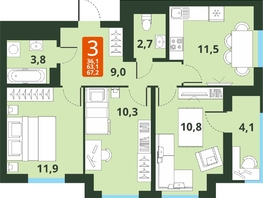 Продается 3-комнатная квартира ЖК Тайгинский парк, дом 4, 67.2  м², 9040000 рублей