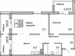 Продается 2-комнатная квартира ЖК Квартет, дом Дуэт, 62.8  м², 6600000 рублей