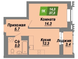 Продается 1-комнатная квартира ЖК Калининский квартал, дом 4, 37.3  м², 6266400 рублей