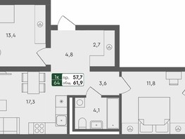 Продается 2-комнатная квартира ЖК Пушкино, дом 1, 61.9  м², 7130000 рублей