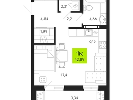 Продается 1-комнатная квартира ЖК Поэзия, 42.89  м², 6500000 рублей